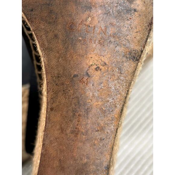 Celine Paris Leather Espadrille Wedge Heel Size 41 US 11 Black Peep Toe - Picture 7 of 8